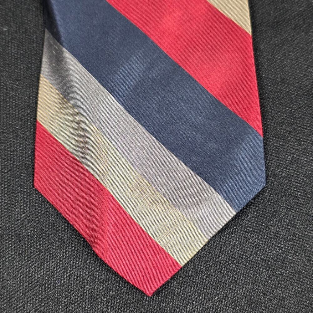 Philippe Perrier Men's Tie Red Navy Blue Tan Striped Silk Blend Classic